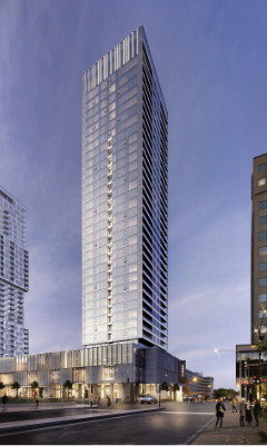 Tour à condos neufs du QuinzeCent, située dans le centre-ville de Montréal