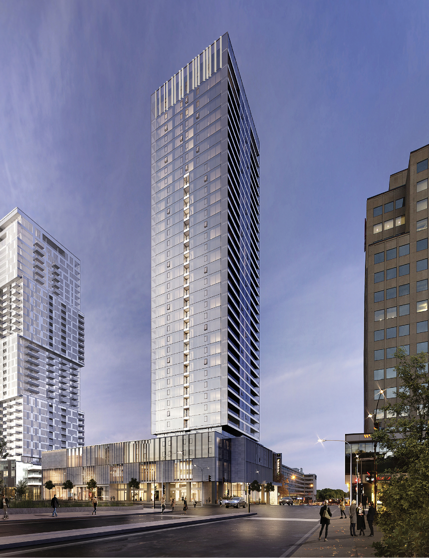 Vue extérieure de l’édifice QuinzeCent, tour à condos de luxe située dans le centre-ville de Montréal